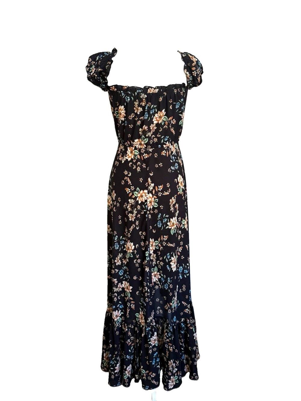 Olivaceous Black Floral Off Shoulder Maxi Dress Puff Sleeve Ruffle Button M